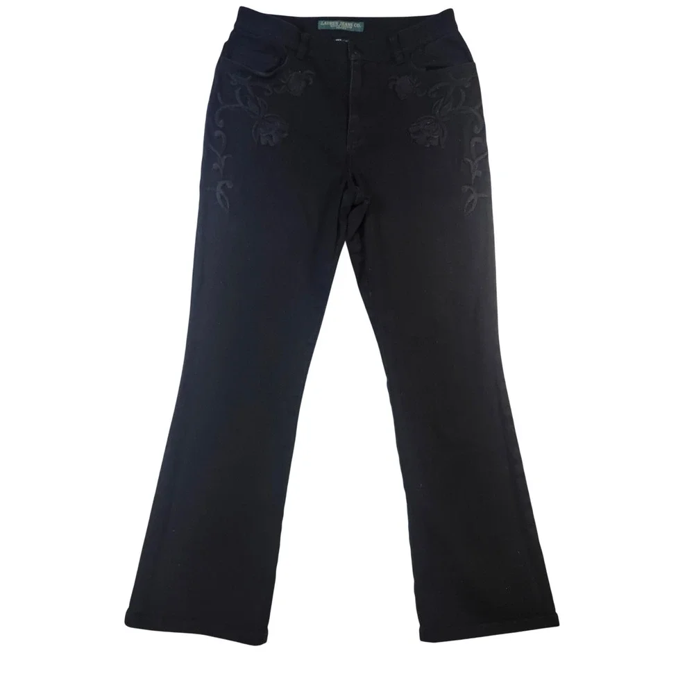 Lauren Ralph Lauren Jeans Women 8 Black Excellent Floral Embroidered Bootcut